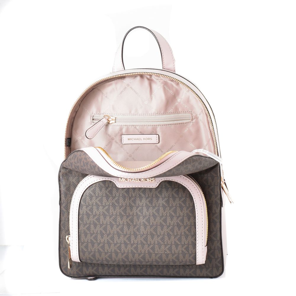 Michael Kors - Iconic Logo Canvas Compact Backpack with Pink Trim - Brown Pink Michael Kors
