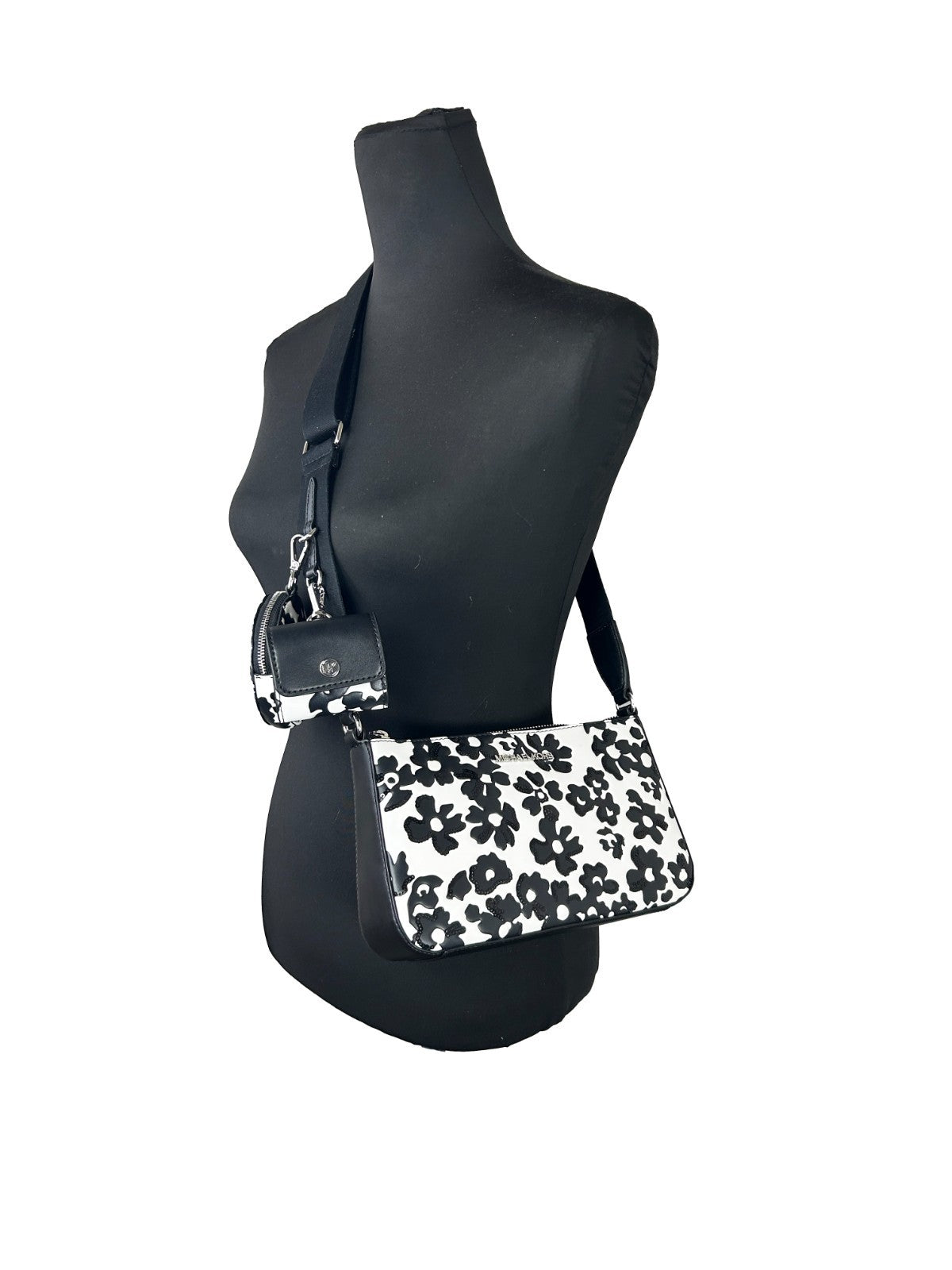 Michael Kors - Chic Floral Leather Crossbody Tech Attachment Bag - White Black Michael Kors