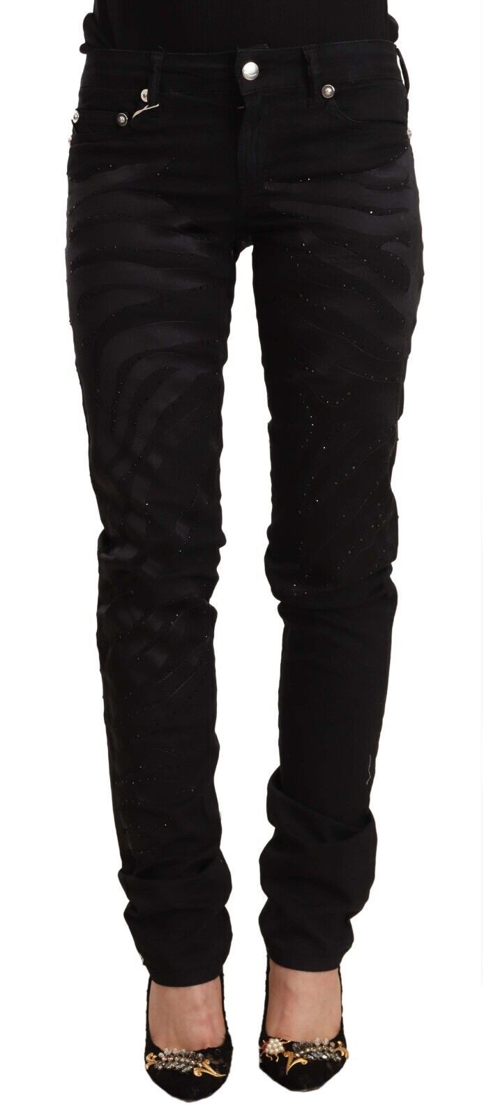 Just Cavalli - Edgy Rhinestone Detail Mid Rise Skinny Jeans - Black Just Cavalli